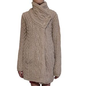 Aran Mor Knit Coatigan Celtic Knot Cable Knit Parsnip Button Collar Wool Sweater
